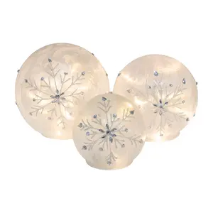 LumaBase Battery-Operated Glass Snowflake Globes Set of 3 with Silver Glitter & Gem Designs Warm White LED Fairy Lights Timer for Holiday Decor