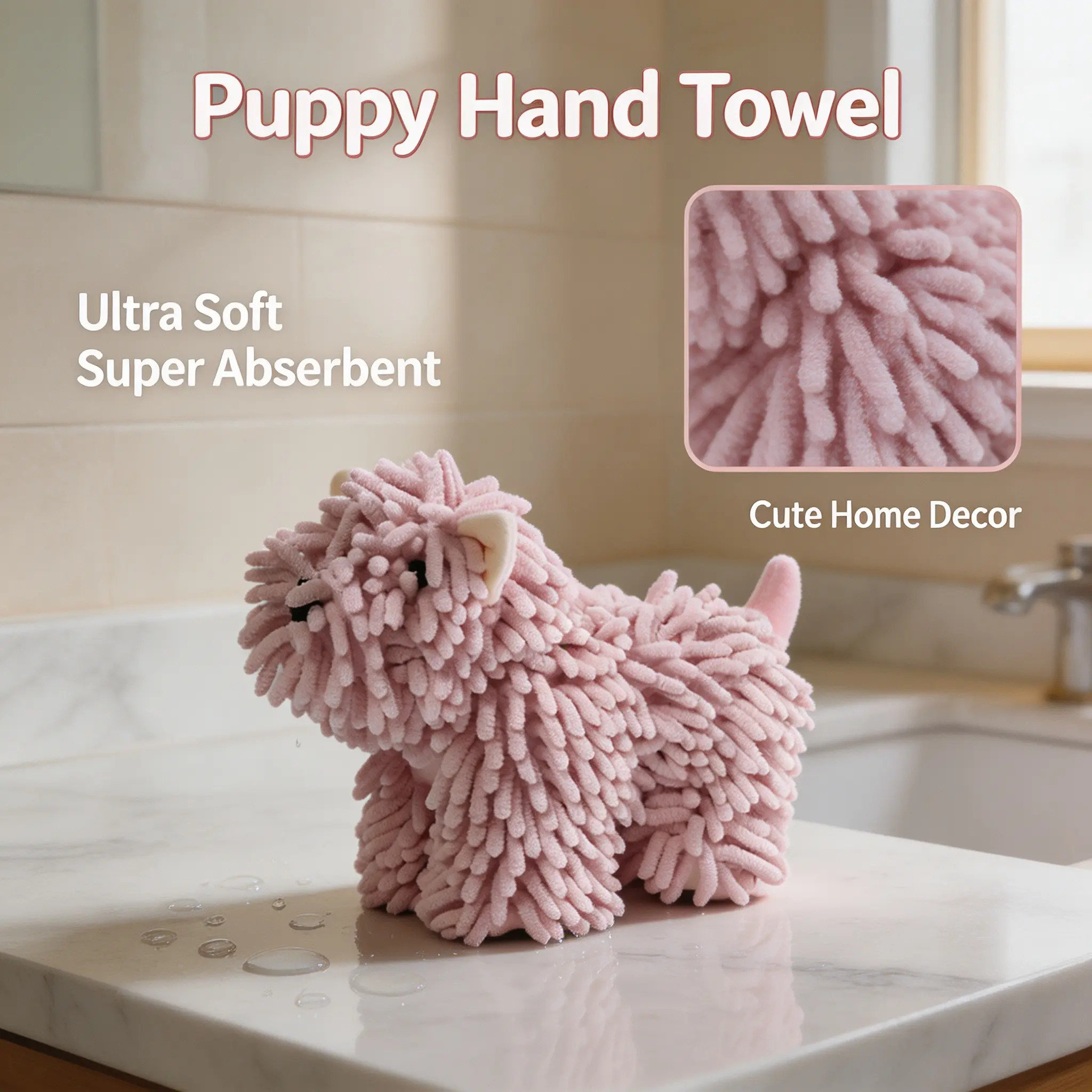 Cute Chenille Puppy Hand Towels，Super Absorbent Hanging Bathroom Towels, Pet Lover Gift, Home Supplies for Bathroom & Kitchen Decor