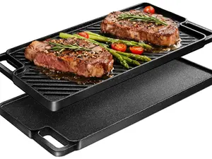 MGKKT 16.5 in Sturdy Hard Anodized Non-Stick Double-Sided Grill Griddle Cast Iron Skillet, Thick Kitchen Cookware with Induction Handles, Oven Safe for Ceramic, Gas & Induction Stoves, Tortilla Frying Thermal Comal, Skillets
