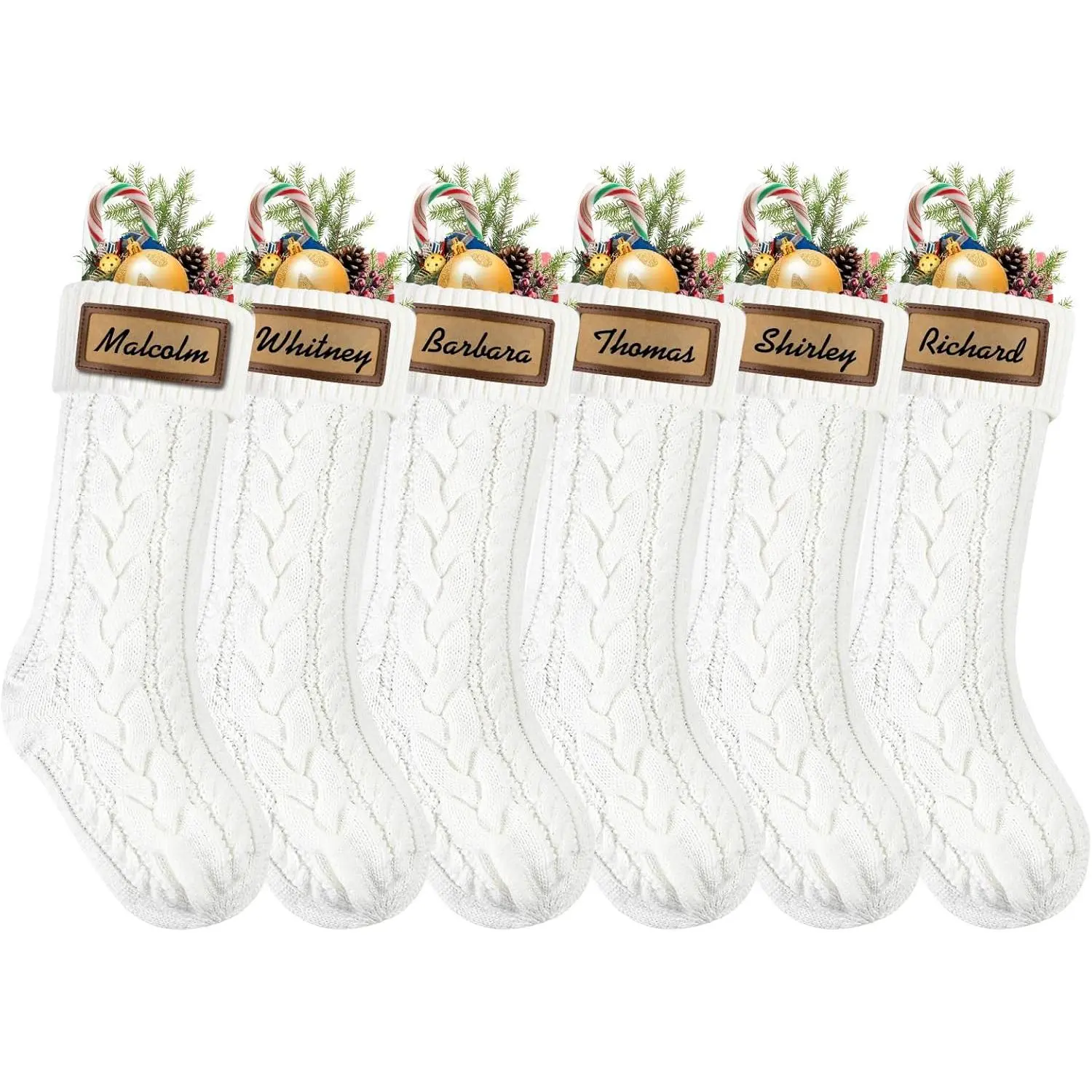 6 Pack Christmas Stockings, 18inch Large White  Knitted Stocking Personalized Xmas Hanging Stocking with Leather Patches Custom Name for Christmas Holiday Party Decoration