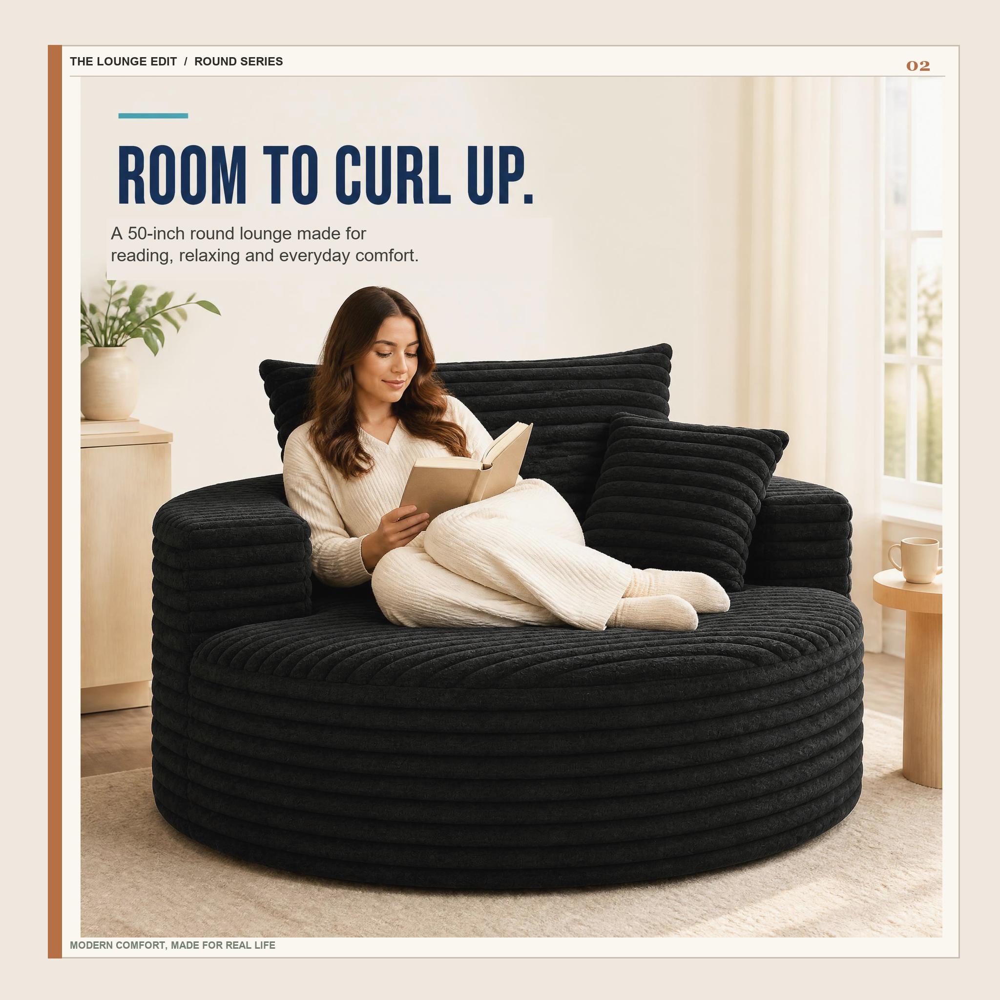 50in Round Lounge Chair Sofa, No-Assembly Compressed Cloud Floor Couch with Deep Seat, Soft corduroy, Backrest & Throw Pillows for Adults, Bedroom and Apartment 50in Round Lounge Chair Sofa, No-Assembly Compressed Cloud Floor Couch with Deep Seat, Soft corduroy, Backrest & Throw Pillows for Adults, Bedroom and Apartment