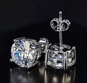 Unisex Round Cut Cubic Zirconia Stud Earrings, 14K White Gold Plated, with Unisex Appeal, Fashion Artificial Gemstone Jewelry Accessories