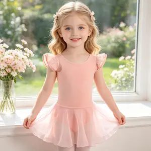 Girls Ballet Leotard Tutu Dress - Ruffle Sleeve Criss-Cross Back Leotard, Basic Gymnastics & Dancewear for Performances, Training & Ballet Class