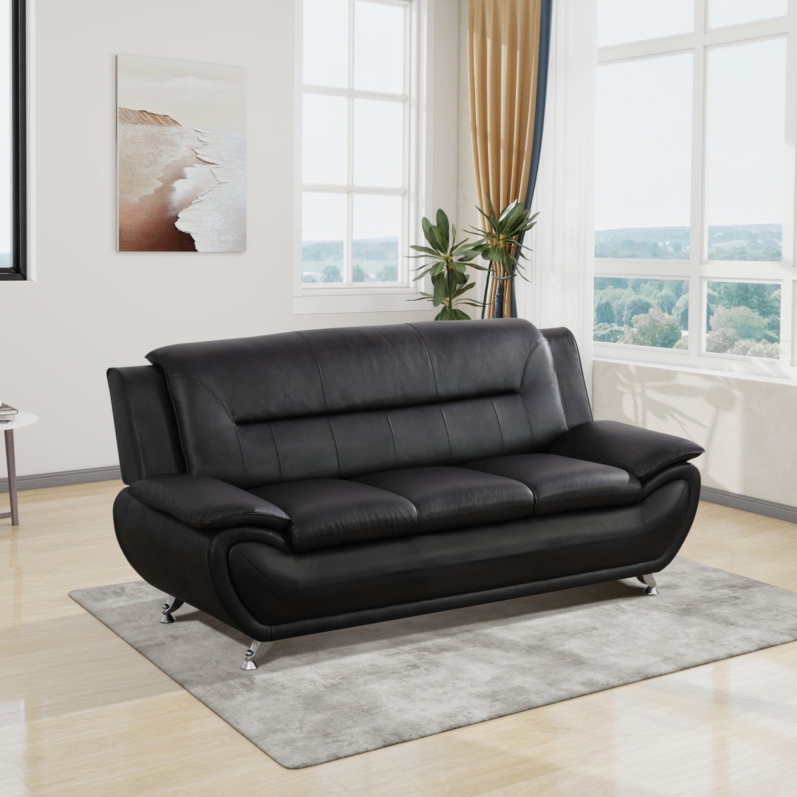 3-Piece Black PU Leather Sofa Set, Indoor Living Room Furniture Couch