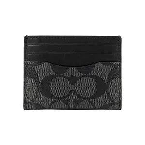 COACH Coated Canvas Card Case With Signature Print And Three Credit Card Slots For Men In Gray-Black