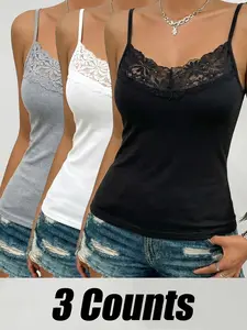 SERACAL 3 Pack Women Lace Trim Camisole Tank Tops, Solid Sleeveless Fitted Base Layer For Daily, Yoga & Sports Wear