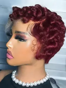 Pixie Curls 13x4 Lace Front Construction Wigs, Glueless Bob Wig, Short Bob Human Hair Material Wig for Women, 180% Density Curly Texture Wavy Hair, 6 Inches Pixie Cut, Short Bob Length, Glueless Ready To Wear Wig