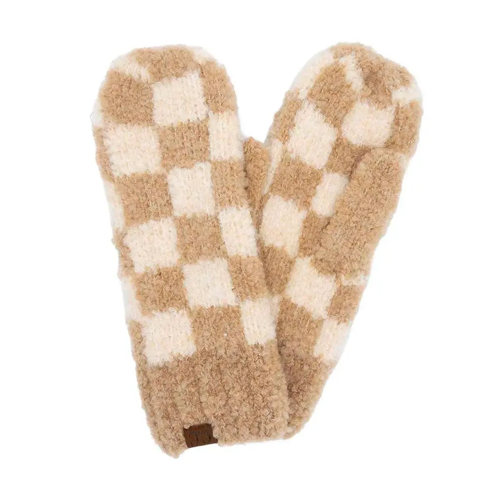 C.C Eco-Friendly Recycled Checkered Mittens for Winter Warmth, Beige/Camel
