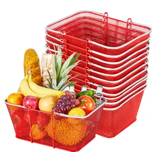 VEVOR Shopping Baskets, 12 PCS, 22L Stackable Metal Grocery Baskets with Handles, Dense Mesh Structure, Holds up to 44 lbs, Portable for Grocery, Retail, Stores, Supermarket, Bookstore, Home Use, Red