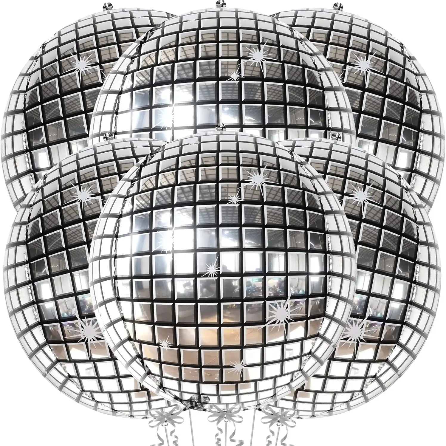 22-Inch Pack of 6 Big Silver Color Disco Ball Balloons, Balloon Party Supplies, Free inflator Perfect for Parties & Celebrations, Ideal for New Year’s Eve & Birthdays, Balloon Decorations Kit, Balloon Set