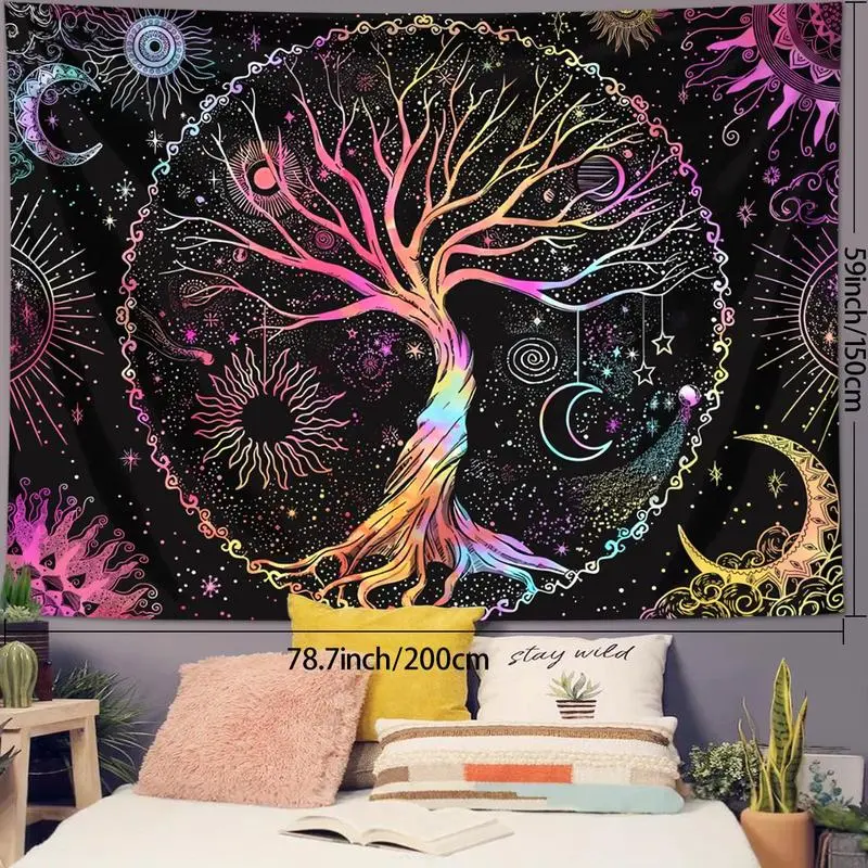 Tree Of Life Pattern Tapestry, 1 Count/2 Counts Bohemian Style Wall Hanging, Fantasy Starry Sky Moon Phase Sun Tapestry, Bedroom Aesthetic Wall Art, Decor