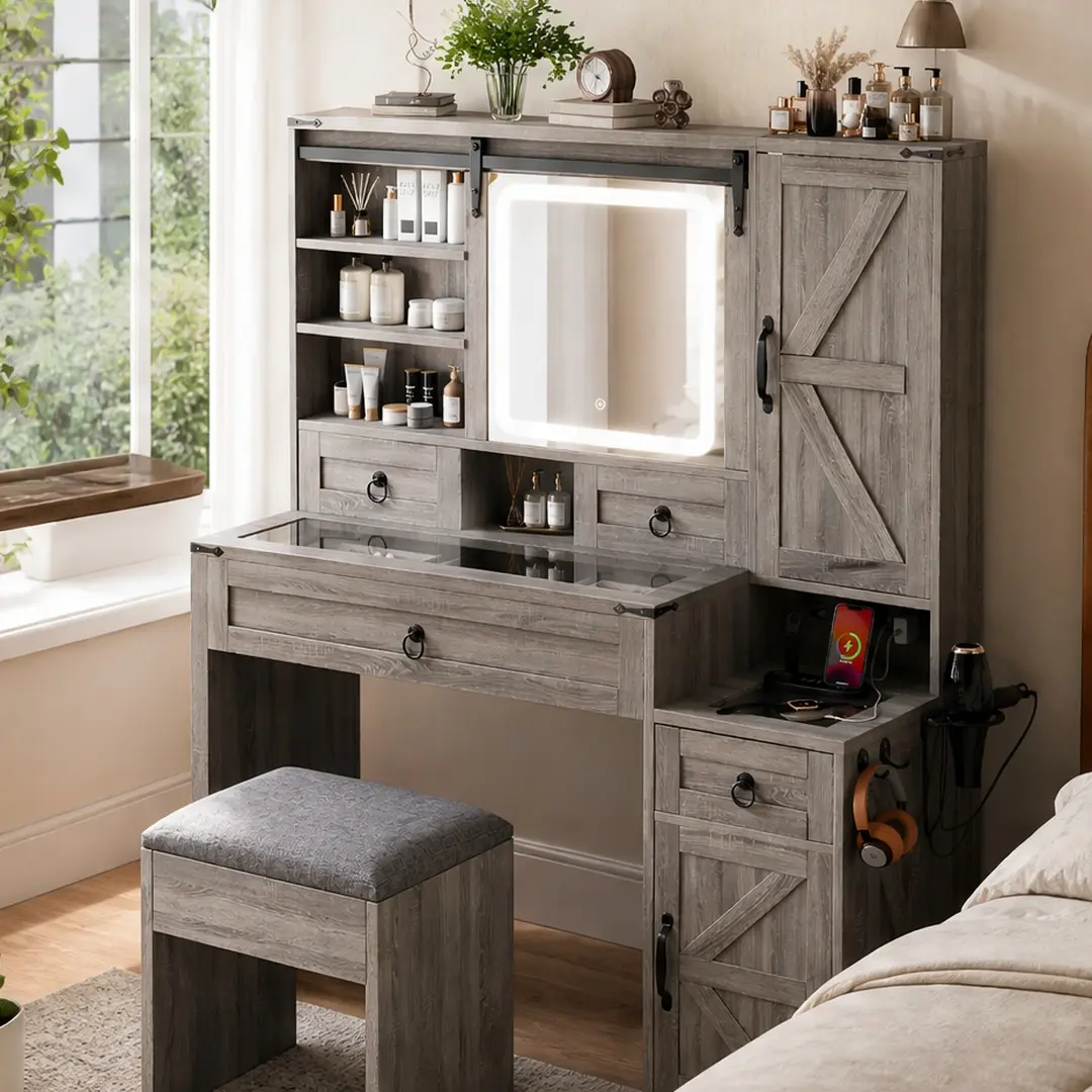 Farmhouse Built-In Mirrored Sleek Vanity Desk Set - Gray/White Wood Dressing Table with Sliding LED Mirror, Lights, Charging Station, Glass Top, 4 Drawers, 2 Cabinets, Stool for Bedroom Makeup Room, Built-In Dressing Tables, Mirrored Dressing Tables