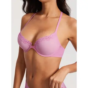 DOBREVA Women's Mesh Front Closure Racerback Bra Lace Trim Unlined Underwire Sexy Plunge Sheer Bras Y Back