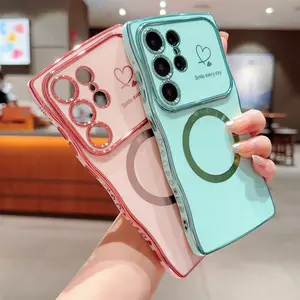 Women's MagSafe-Compatible Shockproof Phone Case for Samsung Galaxy S26 Ultra, S25 Plus, S24 - Soft Cute Wave Frame, Curly Shape, Love Heart Luxury Plating Back Cover - Smartphone, Cellphone, Handheld Devices Accessories
