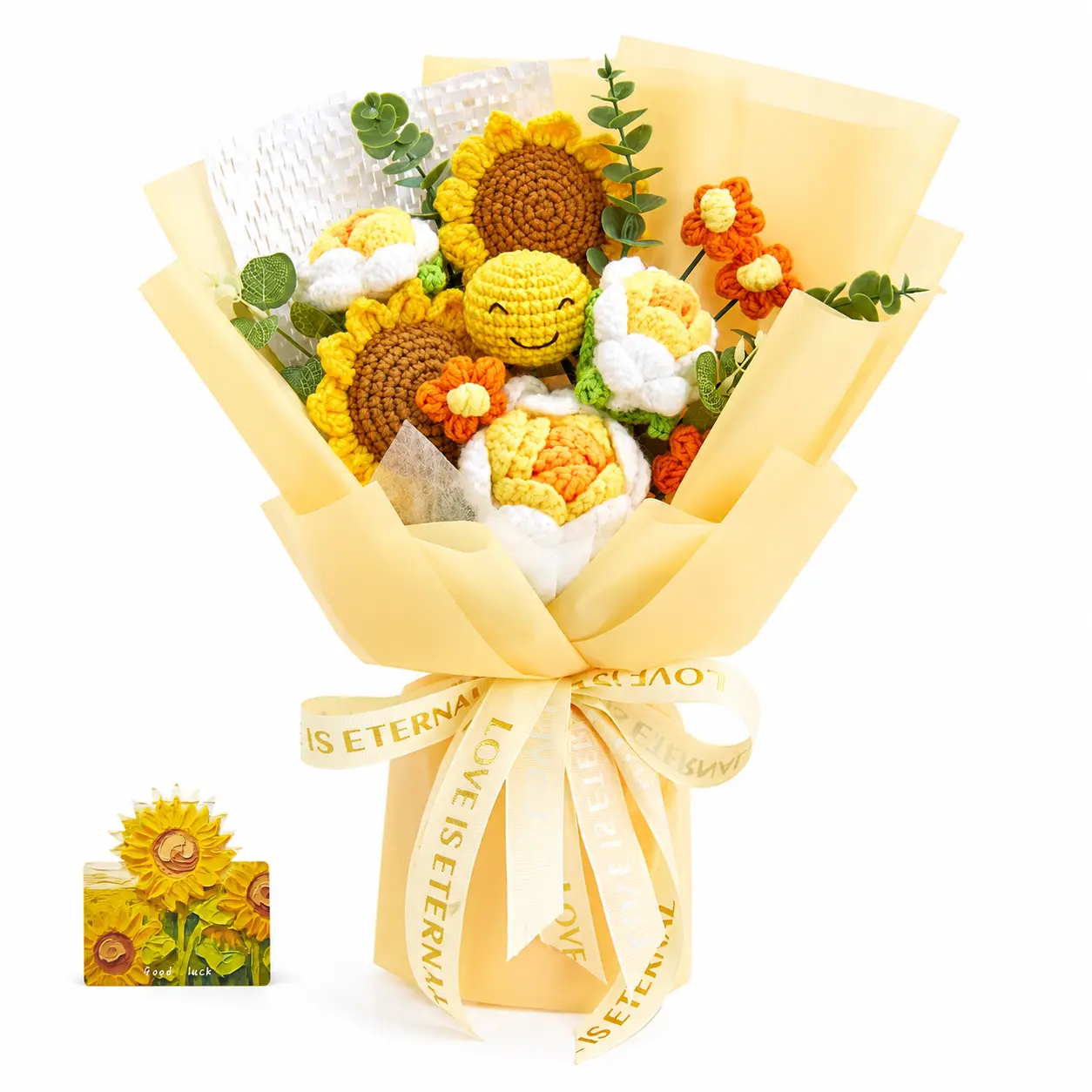 Handmade Crochet Flowers Bouquet Yellow Emoji Style Bouquet with Sunflower Rose Forever Flowers Gift for Girlfriend Birthday Wedding Anniversary Just Because Gift for Her Mom with Greeting Card Home Decor US Fast Shipping