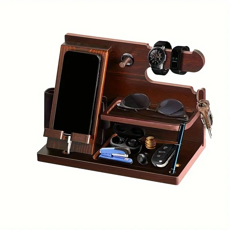 Wood Phone Docking Station Mount for Men, Desk Accessories & Workspace Organizer, Nightstand Organizer, Birthday Gifts for Men or Dad, Multifunctional Phone Stand, Cell Phone Mount, Multifunctional Phone Holder, Cell Phone Holders