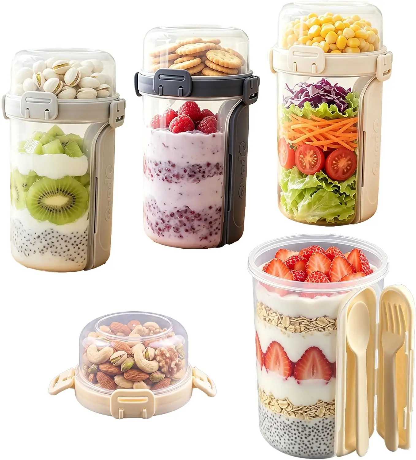 4Pack Overnight Oats Containers with Lids and Spoon&Fork, 7+22oz Dual Layer | Large Full Meal Prep Jars with Dry Wet Separation, Leakproof to the go Yogurt Parfait Cereal Cup with Lids for Breakfast/Lunch/Snack/Salad,Plastic