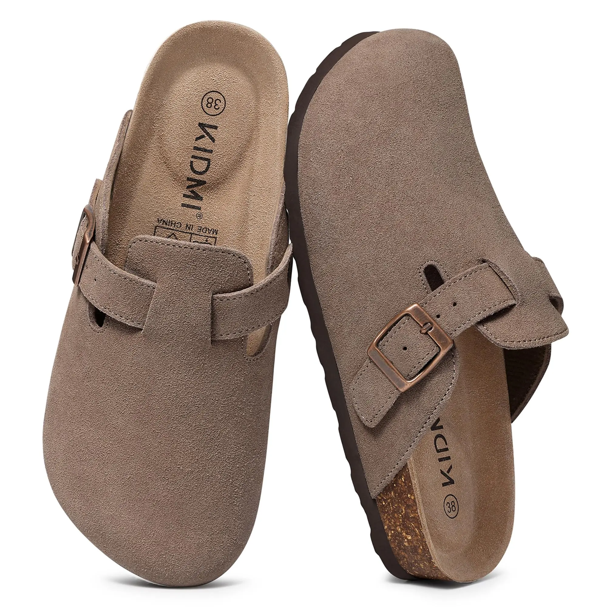 KIDMI Suede Clogs for Women & Men, Cork Footbed Arch Support Potato Shoes, Round Toe Non-Slip Indoor Outdoor Slip-On Mules