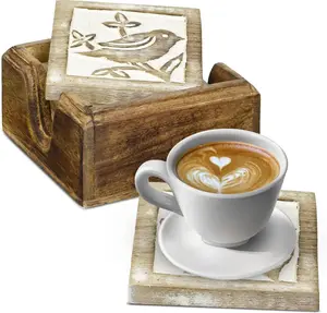 Store Indya Set of 4 Mango Wood Coasters with Rustic Finish 4.5x4.5x3.5 inches Eco-Friendly Protects Furniture from Water Stains & Damages Handcrafted with Sparrow Carvings