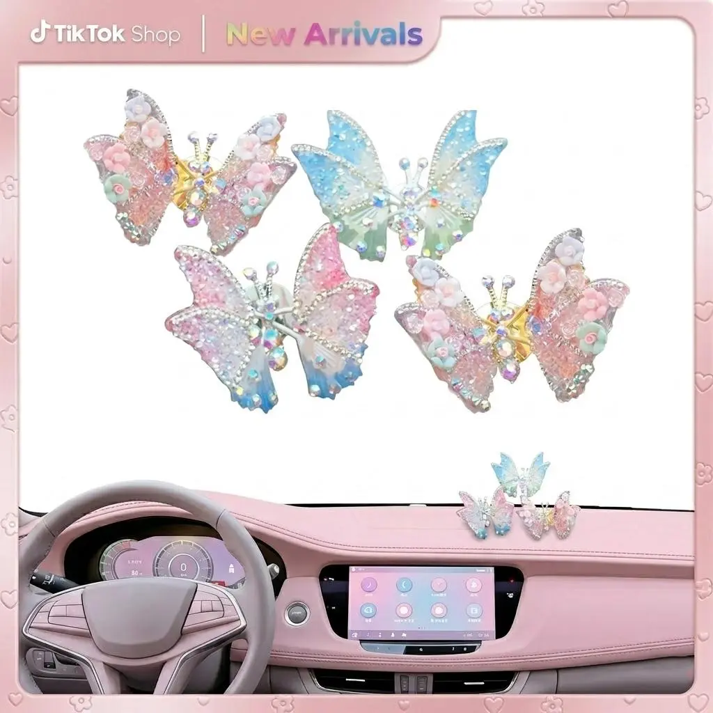 4pcs 3D Flying Butterfly Decor, Moving Butterfly Car Accessories with Diamonds, Embroidery Butterfly Decoration for Car Center Console and Dashboard, Cute Pink Car Ornaments Gift for Women Girls