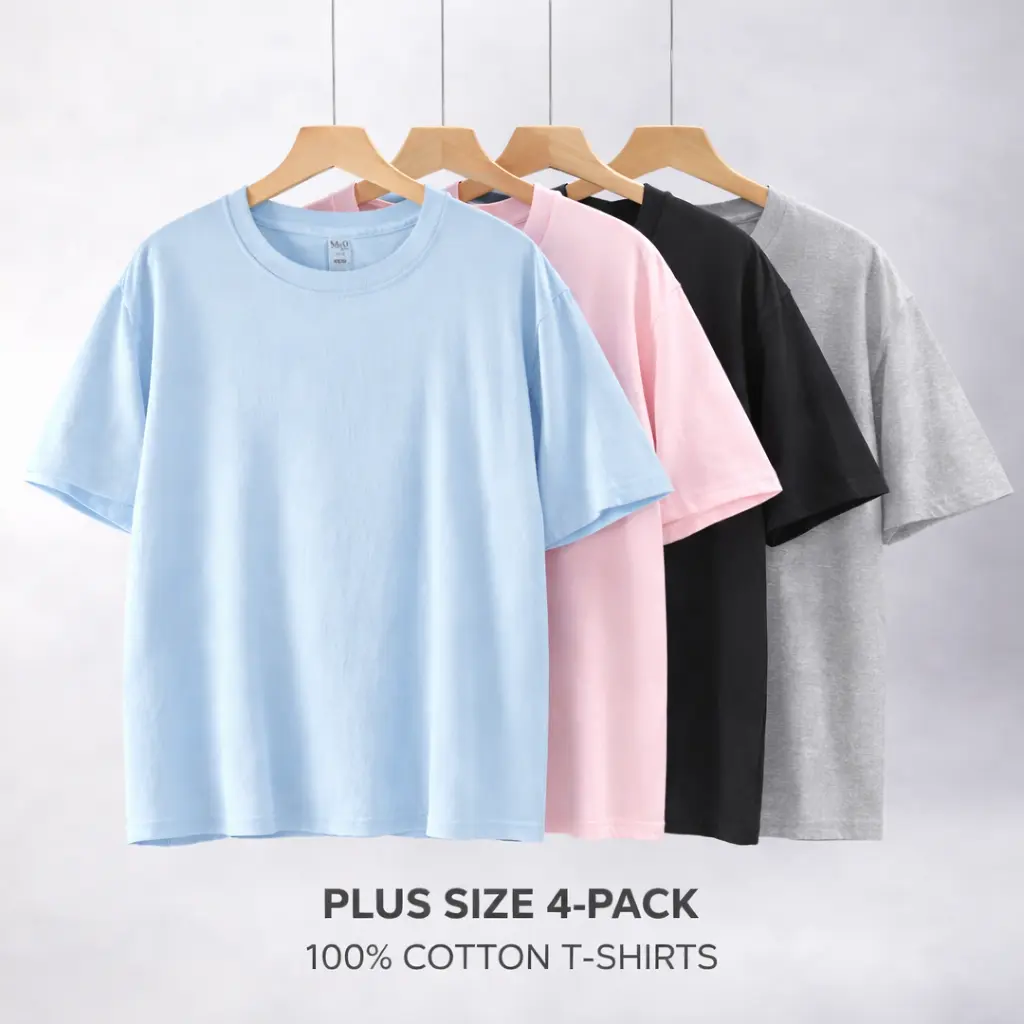 Men's Plus Size Cotton T-Shirt Set - 4-Pack Casual Basic Crewneck Short Sleeve Menswear Tops, Soft Breathable Solid Fabric Tshirts, Streetwear, Round Neck