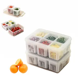 Food Storage Containers with Lids Airtight, Scallion Preservation Box Fridge Fresh-Keeping Container, 6 Grids Draining Crisper Portable Divided Fruit Storage Container Ginger Storage Basket for Kitchen Utensils Egg Dessert