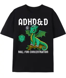 Funny ADHD&D Dragon Shirt, Roll For Concentration Tee, DnD ADHD Meme T-Shirt, Unisex RPG Gamer Humor Graphic Tee, Menswear Womenswear Top