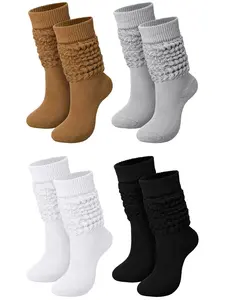 4 Pairs Slouchy Socks for Women, Soft Cotton Long Scrunch Tube Stockings, Casual Crew Boot Thick Knit Slouch Socks