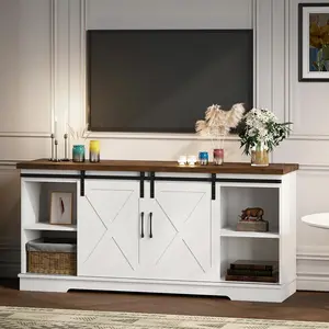 Gaomon Farmhouse Entertainment TV Stand for 65-Inch TV - White Barn Door with Storage & Shelves, Modern Living Room Furniture Console