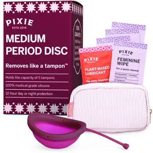 Pixie Menstrual Disc for Feminine Care - 100% Medical-Grade Silicone - Ranked 1 for Softest Reusable Period Disc - Removes Like a Tampon - Wear 12 Hours - Capacity of 5 Tampons (Medium, Plum)