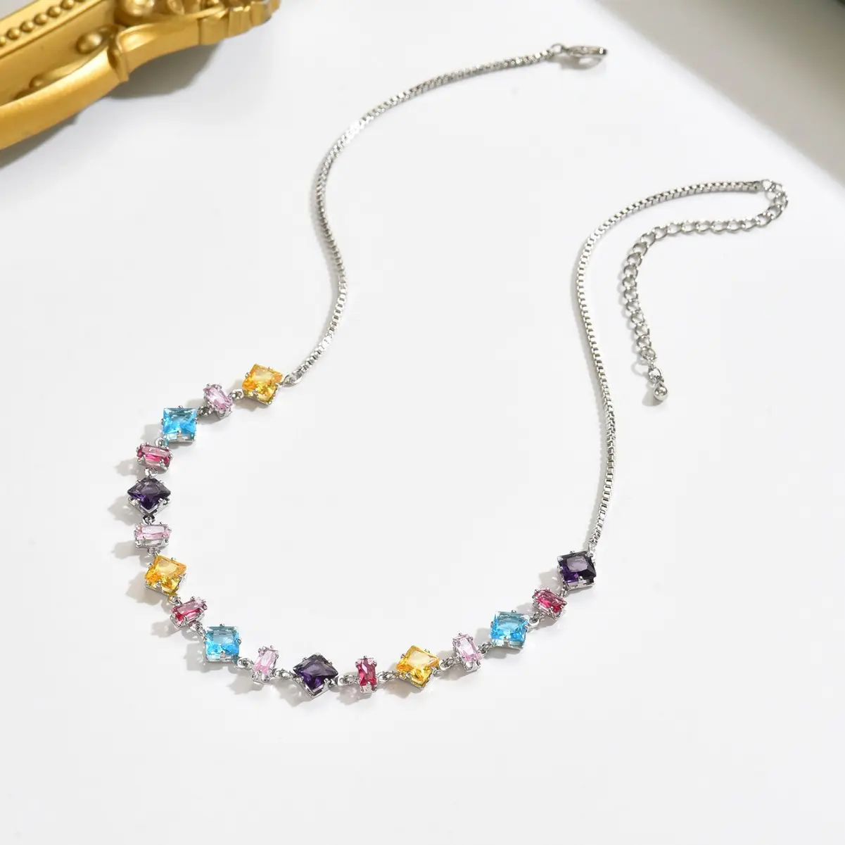 Women's Necklace Gold & Silver Chain Colorful Cubic Zirconia Jewelry, Gift for Her Adjustable