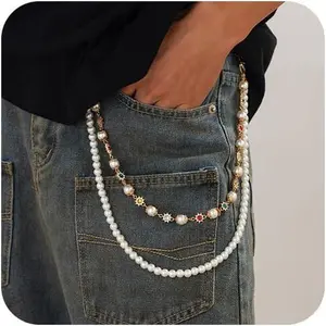 Men's Punk Style Wallet Chains and Layered Pants Chains Unisex Fashion Accessory Rhinestone Flower Pearl Necklace
