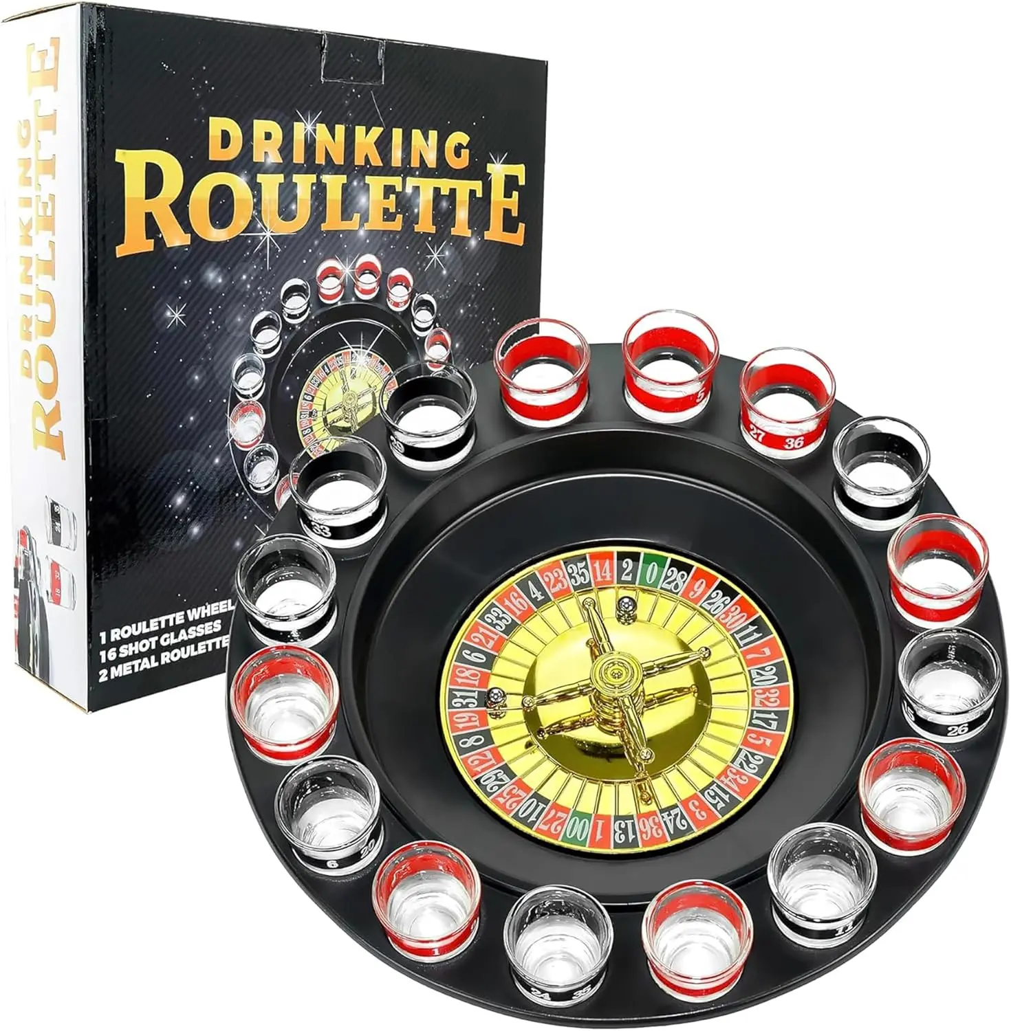 Drinking Game Glass Roulette - Drinking Game Set (2 Balls and 16 Glasses) Casino Style Drinking Game