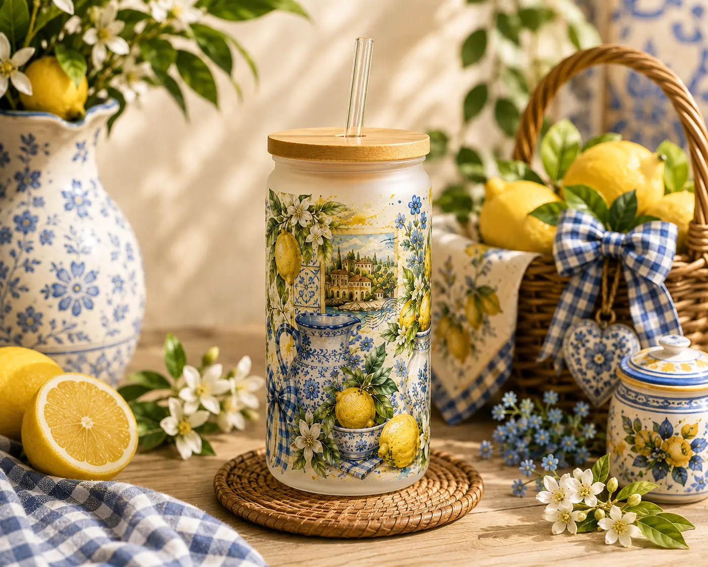 Italian Lemon Market 16oz Frosted Glass Cup with Bamboo Lid & Straw