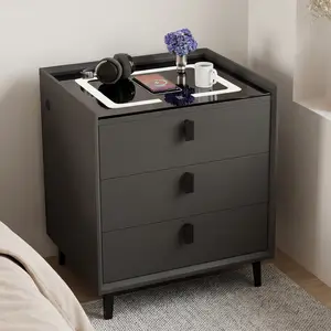 Smart bedside table with wireless USB charging and fingerprint lock, three-drawer bedroom side table with smart sensor LED light (three-color adjustable), modern bedside table, black.