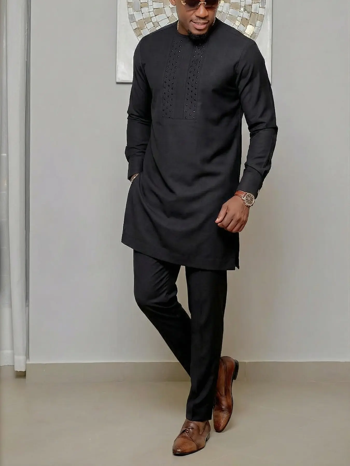 Muslim Men's 2-Piece Set Outfits African Style Kaftan Traditional Clothing, Long Sleeve Polka Dot Pattern Embroidered Blouse & Pants, Formal Occasions, Rhinestone Accent, Modesty, Classy Tops, Tops Menswear