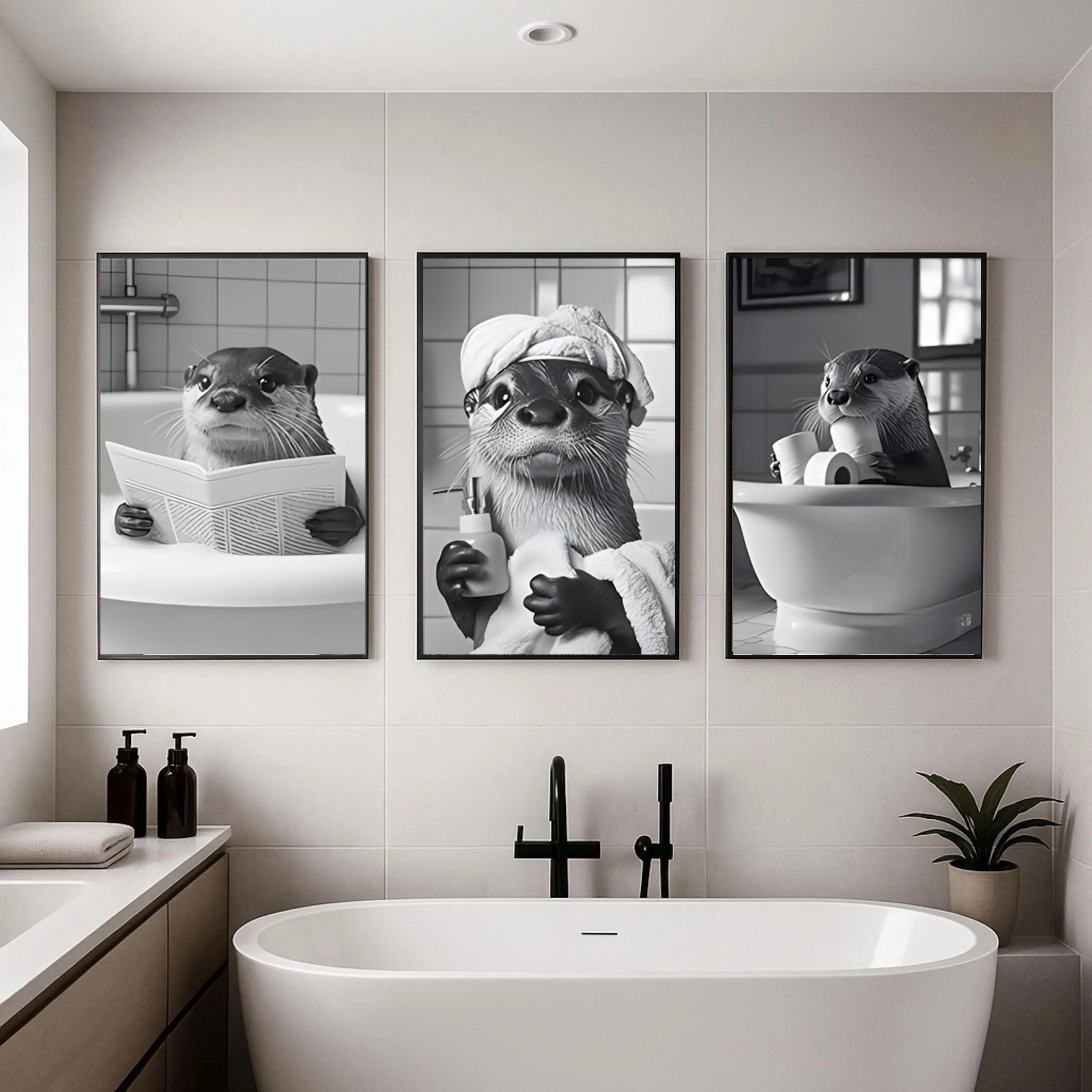 Artistic 3-Piece Otter Animal Print Bathroom Photo Posters Set - Black and White Framable Wall Decor, Suitable for Nursery, Kid Room Home Supplies
