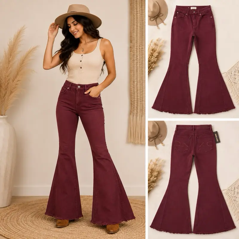 Shyanne Burgundy High Rise Bell Bottom Jeans | Raw Hem Flare | NWOT | Size 27