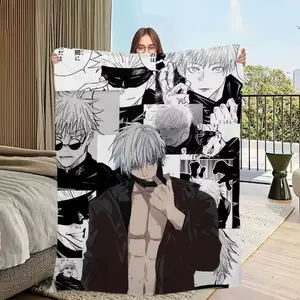 Satoru Gojo Black and White Manga Blanket, Soft Flannel Throw, Jujutsu Kaisen Character Print Nap Blanket, Warm Cozy Bedroom Couch Blanket, Popular Decorative Blanket, Giftable Blanket for Anime Fans & JJK Enthusiasts