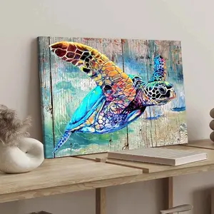 Colorful Sea Turtle Pattern Wooden Framed Canvas Painting, Ocean Vitality Poster, Modern Art Decoration, Wooden Wall Art, Home Decoration for Living Room Bedroom, Ornaments