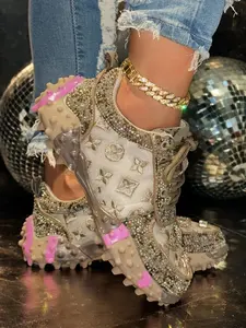 Women's Fashion Flat Casual Shoes, Rhinestone Embellished Textile Upper, Low-Top Lace-Up Design, All Seasons Wear, High Top Style