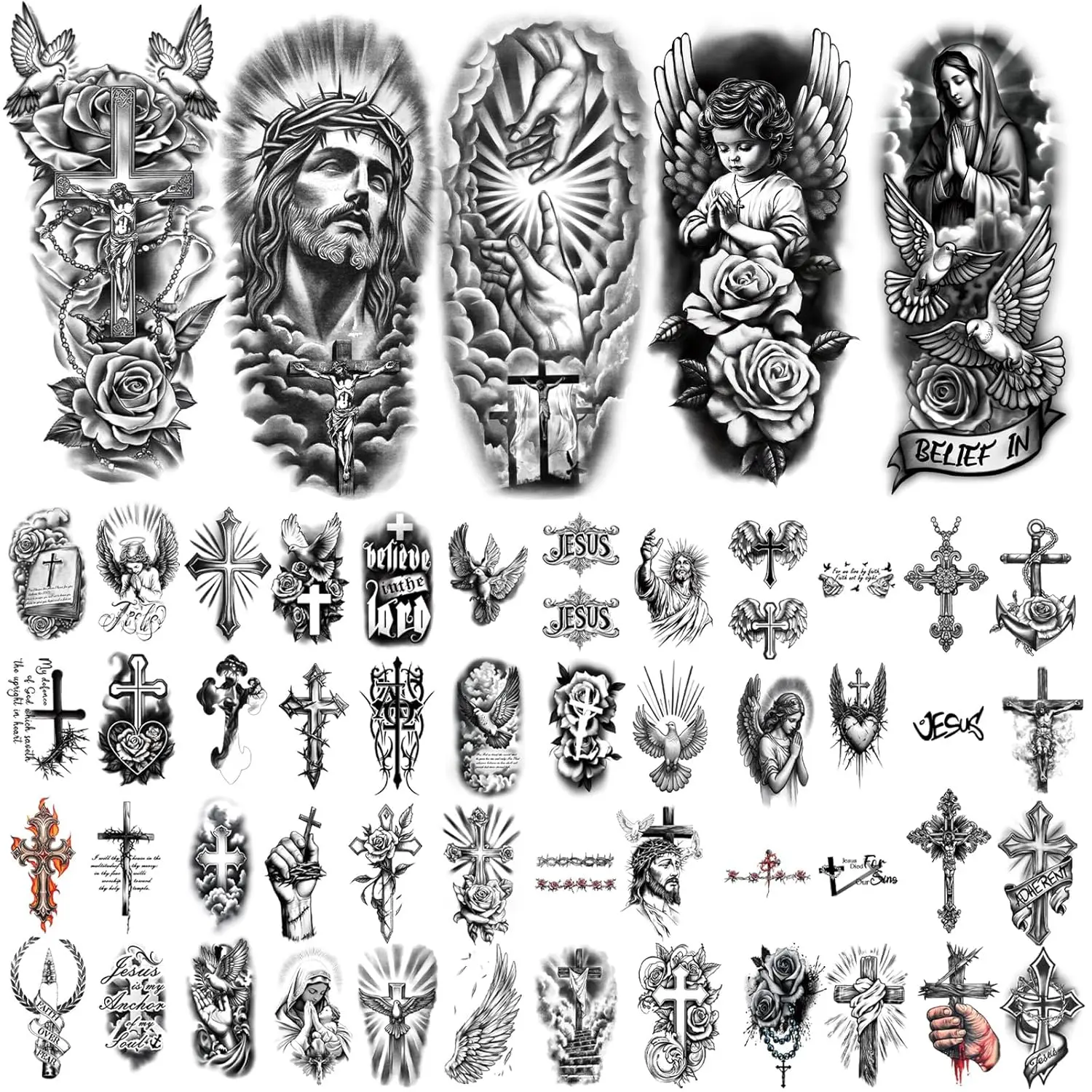 77 Sheets Christian Cross Temporary Tattoo for Women Men, 17 Sheets Half Arm Large Religious Jesus God Fake Tattoos, 60 Sheets Angels Black Christ Tiny for Adult Kids Body Tattoos Stickers Realistic Henna Pen