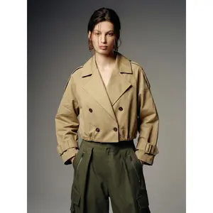 URBAN REVIVO 2026 Spring Women's Cropped Double-Breasted Notch Lapel Belted Trench Jacket, Cotton-Polyester Mix Shell Clothes, Casual Bomber-Sleeve Outerwear UYY160020