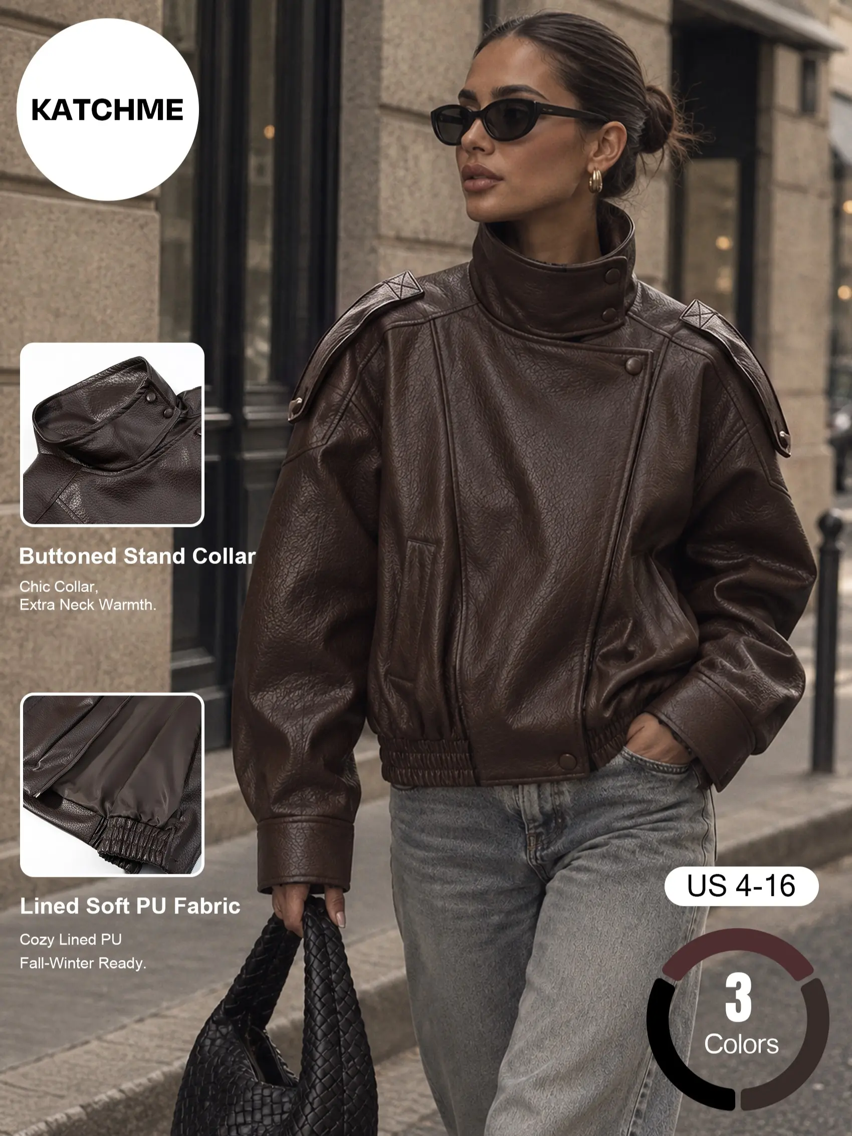 Katch Me Chic Women's Versatile Faux Leather Bomber Jacket, Stand Collar Zip & Button PU Biker Jacket for Fall & Winter, Durable Windproof Lined Outerwear with Side Pockets #TikTokMadeMeBuyIt #CasualStreetwear #Windbreaker