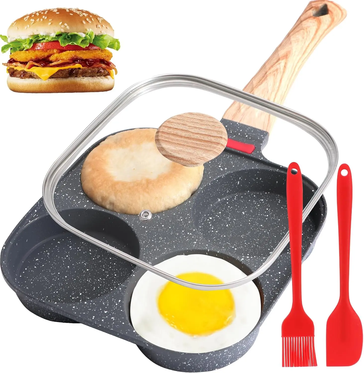 4-Cup Size Nonstick Granite Egg Pan with Lid - Round, Semispherical Multi-Section Cookware with Aluminum Base for Eggs, Pancakes - Compatible with Gas Stoves, Induction Cooktops, Round Shape