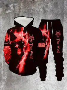 Men's Plus Size Hoodie and Sweatpants Set, 3D Wolf Pattern, Casual Sportswear, Comfortable Fashion, Ideal for Leisure, Fitness, Outdoor Activities, Animal Pattern Sportswear, Tracksuit Sets