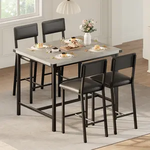 5 Piece Counter Height Dining Set for 4 People, Modern Table with Footrest and Corner Protectors, Includes 4 Upholstered Stools with Back Support, Heavy Duty Space Saving Kitchen and Dining Room Furniture