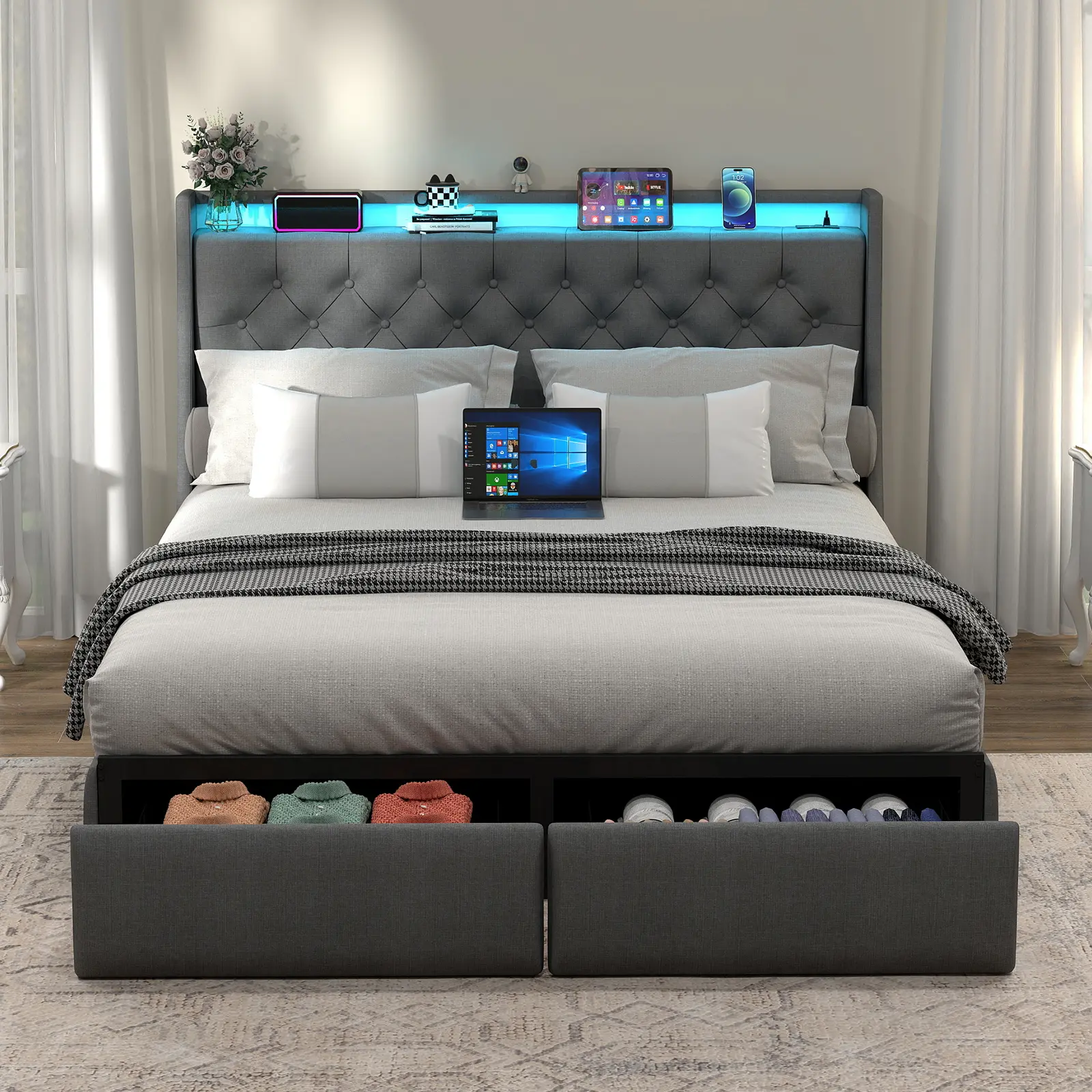Grey Full/Queen Size Metal Bed Frame with Storage Headboard, 2 Sliding Drawers, RGB LED Light, USB Charging Station, Sturdy and Durable, Noise-Free, No Box Spring Needed, Easy Assembly