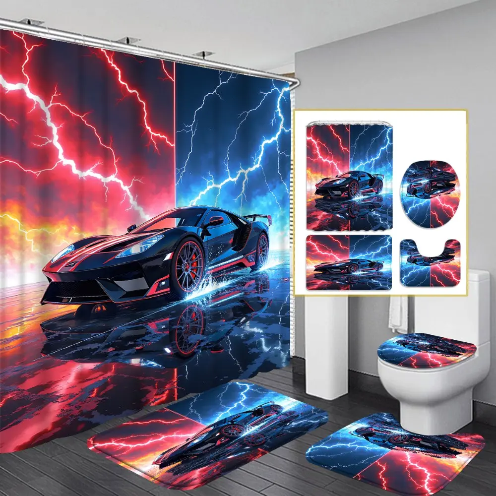 1PC/4PCS 2D flat Lightning Sports Car Multicolor patterned shower curtain with a design for home bathroom decor, Bathroom Decorations, shower curtain set includes 12 hooks, non-slip bath mat, U-shaped non-slip mat, toilet seat cover