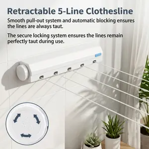Retractable 5-Line Clothesline, Wall-Mounted Heavy-Duty Retractable Laundry Line with Automatic Locking System, Space-Saving Indoor/Outdoor Clothes Drying Line for Balcony, Bathroom & Laundry Room
